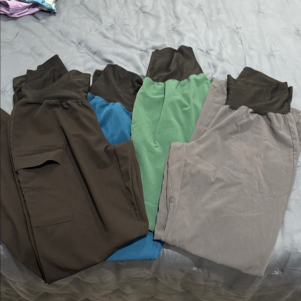 Set of Four Wide Leg Maternity Scrub Pants - Black, Blue, Green, Gray